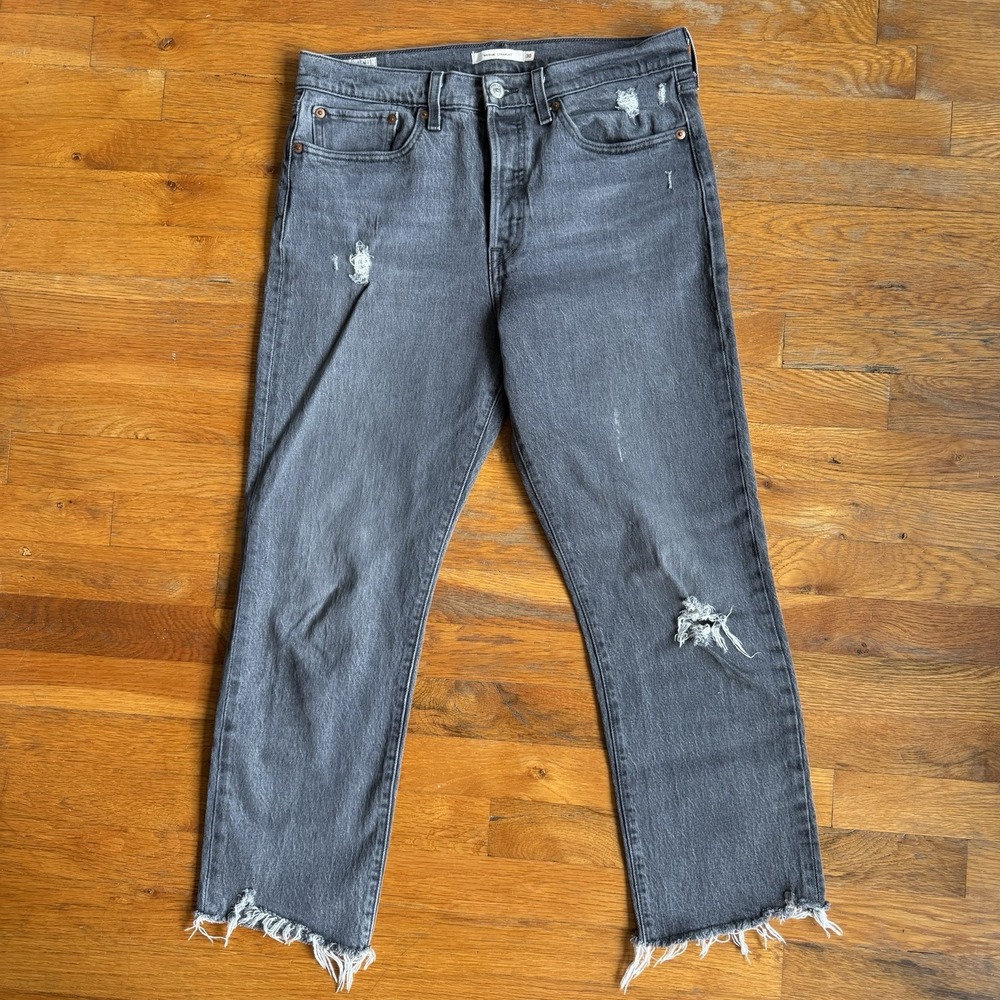 Levis Womens Size 30 Black Wedgie Straight-Leg Jeans Raw Hem Distressed Denim